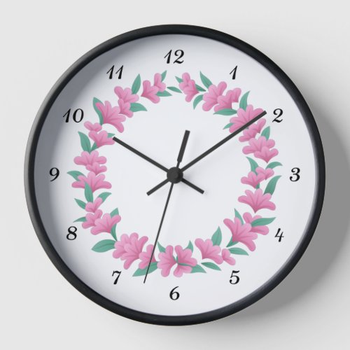 Floral Pink Flower Green Foliage Wreath Garland Clock