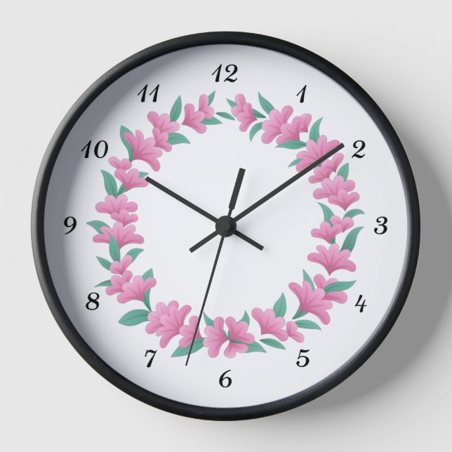 Floral Pink Flower Green Foliage Wreath Garland Clock (Front)