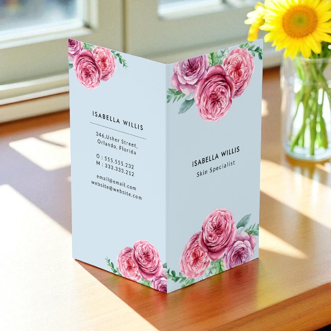 Floral Pink Flowers Blue Elegant Vertical Business Card (Creator Uploaded)