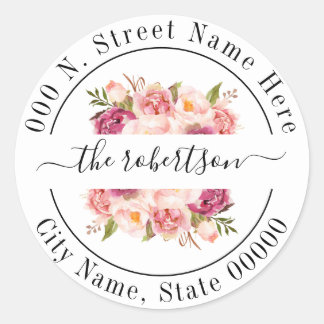 Floral pink flowers boho chic return address classic round sticker
