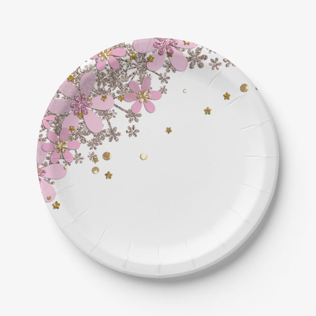 Floral pink flowers golden polka dots glitter shin paper plates (Front)