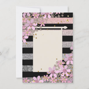 Floral pink flowers golden polka dots striped line invitation