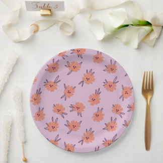 Floral Pink Flowers Repeating Pattern Cute Girly Paper Plates