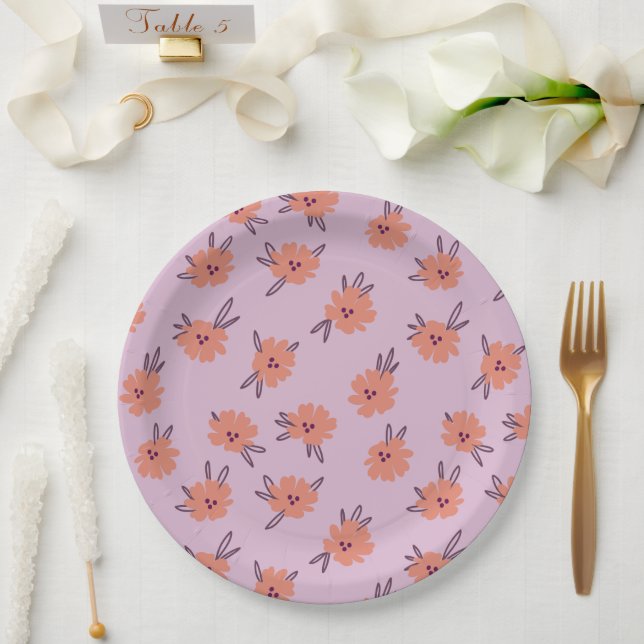 Floral Pink Flowers Repeating Pattern Cute Girly Paper Plates (Wedding)
