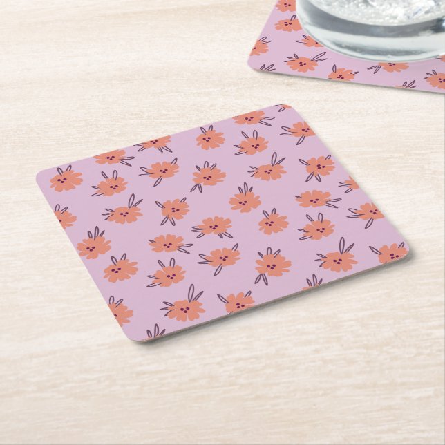 Floral Pink Flowers Repeating Pattern Cute Girly Square Paper Coaster (Angled)