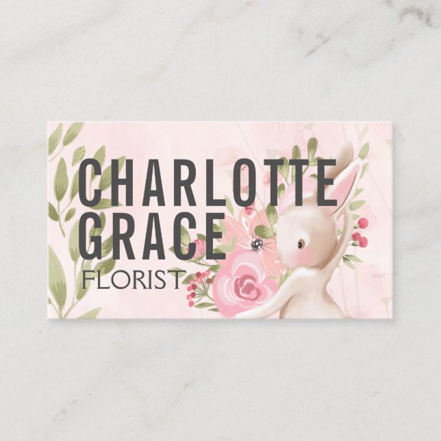 Floral Pink Flowers With Bunny Rabbit Personalized Business Card (Front)