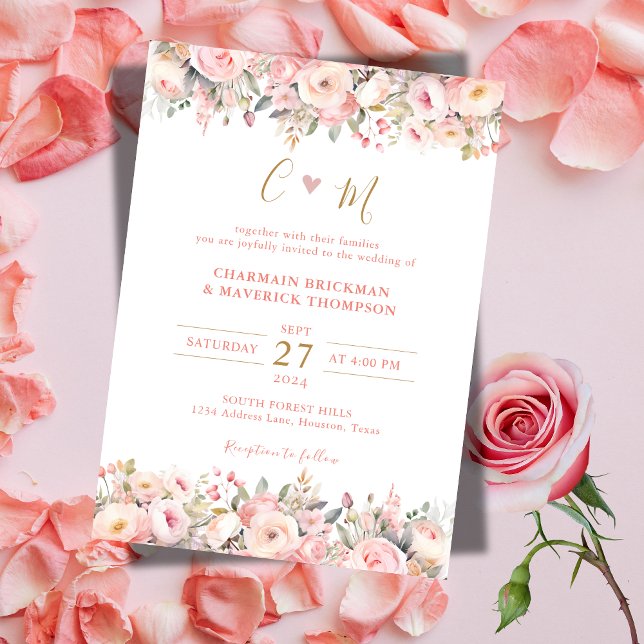 Floral Pink Frame Gold Monogram Wedding Invitation (Creator Uploaded)