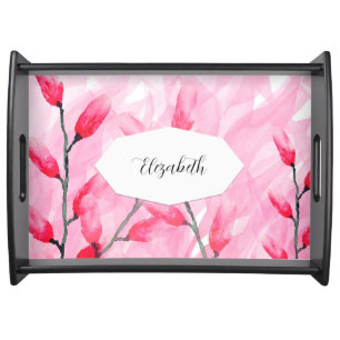Floral Pink Fusion Watercolor Monogrammed Serving Tray