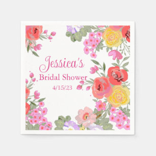 Floral Pink Garden Flowers Name Bridal Shower Napkins