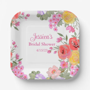Floral Pink Garden Flowers Name Bridal Shower Paper Plates