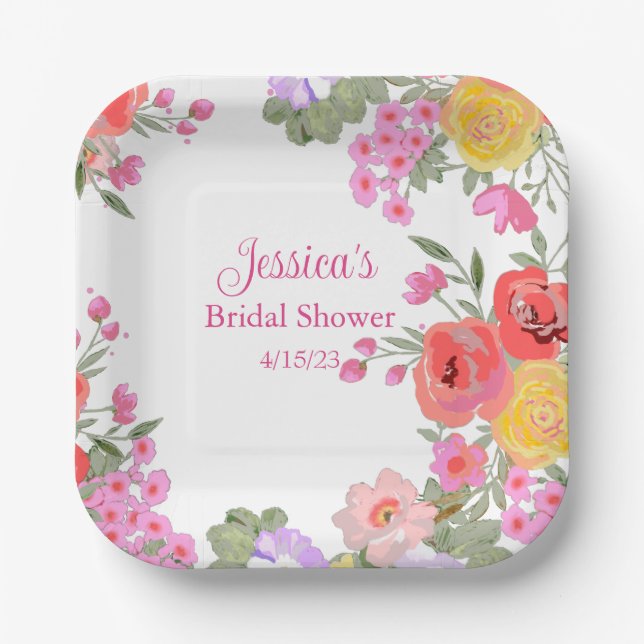 Floral Pink Garden Flowers Name Bridal Shower Paper Plates (Front)