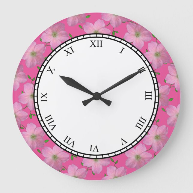 Floral Pink Garden Flowers Roman Digits Large Clock (Front)