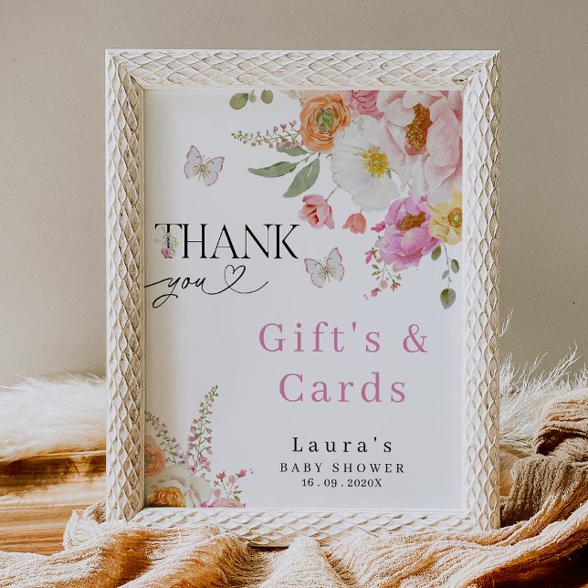 Floral Pink Gifts and Cards Baby Shower Sign (Floral baby In Bloom Baby Shower Sign, Gifts and Cards Floral Baby Shower Sign, Flowers Butterflies)