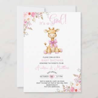 Floral pink giraffe girl baby shower invite. invitation