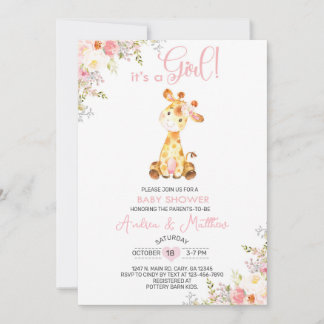 Floral pink giraffe girl baby shower invite. invitation