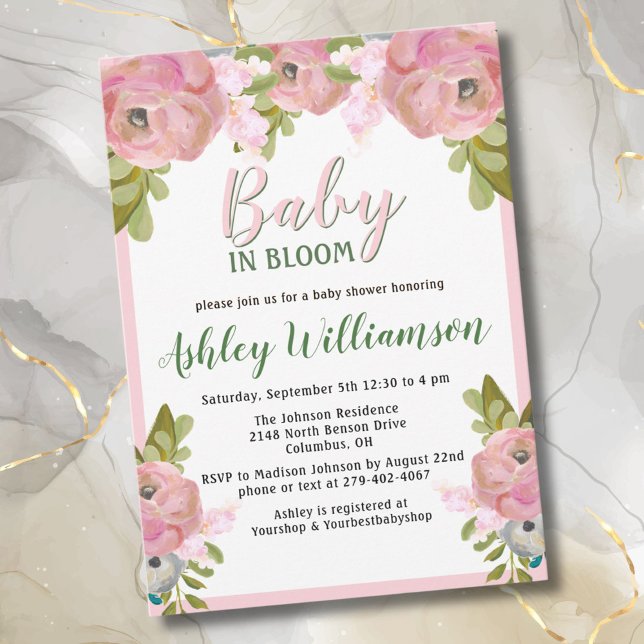 Floral Pink Girl Baby in Bloom Hand Painted  Holiday Card (Creator Uploaded)