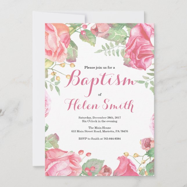 Floral Pink Girl Baptism Invitation (Front)