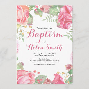 Floral Pink Girl Baptism Invitation