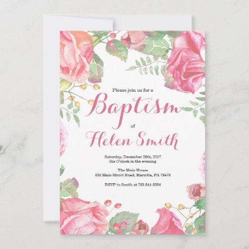Floral Pink Girl Baptism Invitation