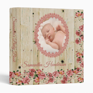 Floral Pink Girl Barnwood Baby Photo Album 3 Ring Binder
