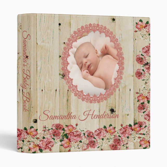 Floral Pink Girl Barnwood Baby Photo Album 3 Ring Binder (Front/Spine)