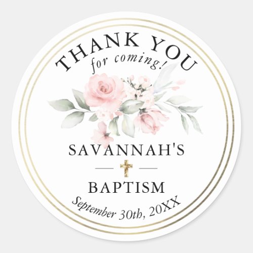 Floral Pink Girl Christening Baptism Thank You Cla Classic Round Sticker