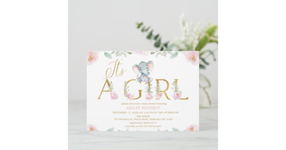 Floral Pink Girl Elephant Baby Shower Invitation | Zazzle