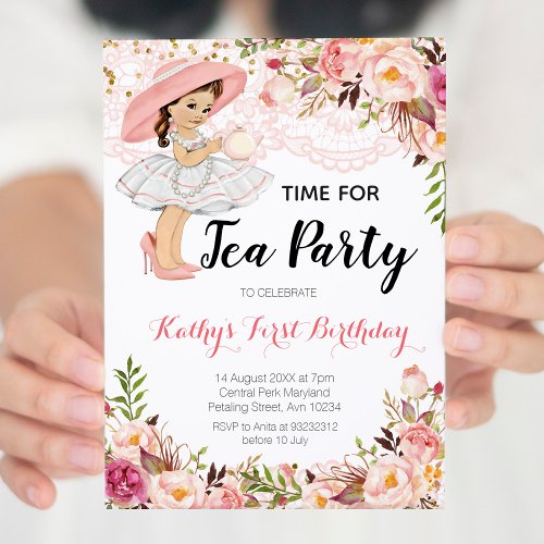 Floral Pink Girl Tea Birthday Party Invitation