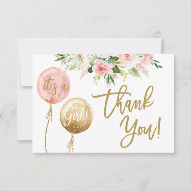 Floral pink girl thank you note card (Front)