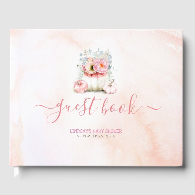 Floral Pink Glitter Pumpkin Baby Shower Guest Book (Front)