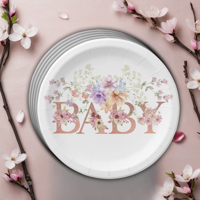 Floral Pink Glitters Baby Monogram Baby Shower Paper Plates (Creator Uploaded)