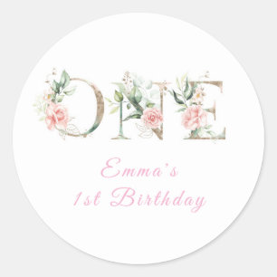 Floral Pink Gold 1st Birthday Classic Round Sticker