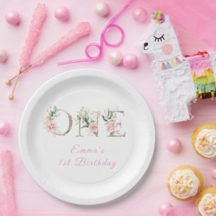 Floral Pink Gold 1st Birthday Paper Plates