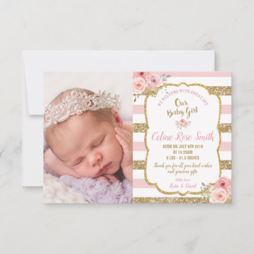 Floral Pink Gold Baby Girl Birth Photo Announcement