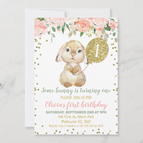 Floral Pink Gold Balloon Fluffy Bunny 1st Birthday Invitation