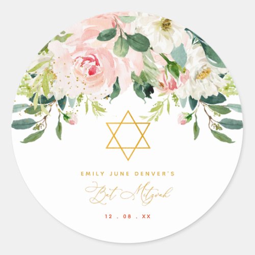 Floral Pink  Gold Bar Mitzvah Classic Round Sticker