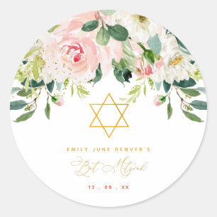 Floral Pink & Gold Bar Mitzvah Classic Round Sticker