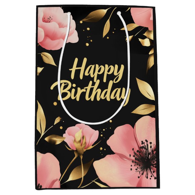 Floral Pink Gold Black Birthday Medium Gift Bag (Front)