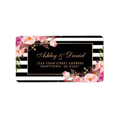 Floral Pink Gold Black Stripes Wedding Label
