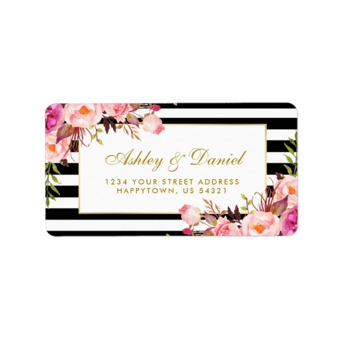 Floral Pink Gold Black White Stripes Wedding Label