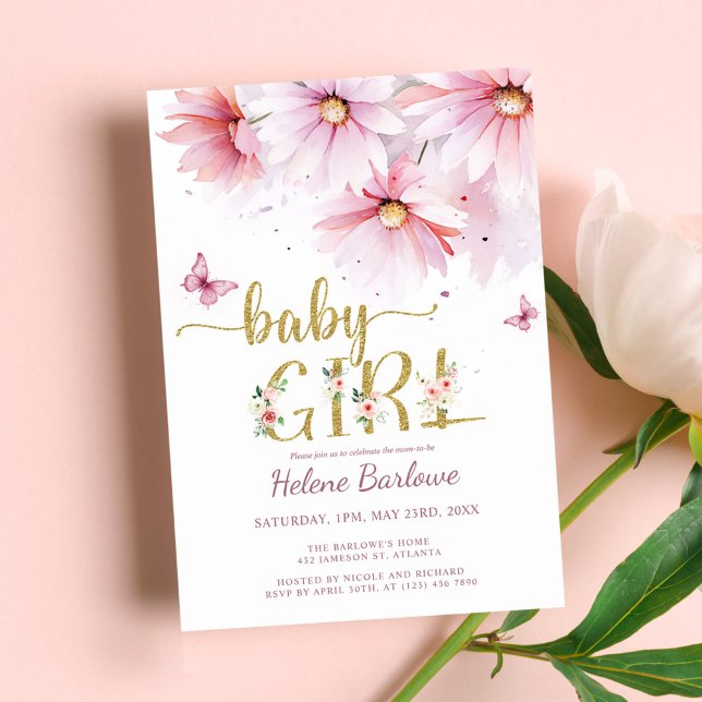 Floral Pink Gold Botanical Girl Baby Shower Invitation (Floral Pink Gold Botanical Girl Baby Shower Invitation)