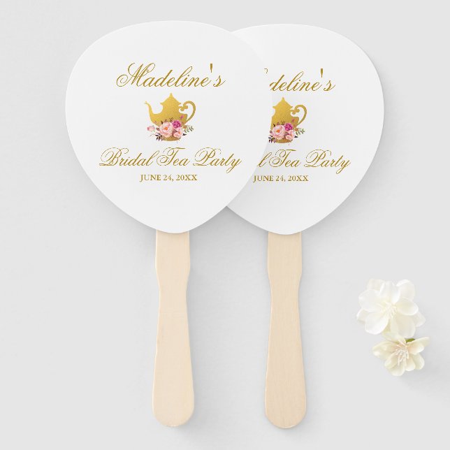 Floral Pink Gold Bridal Shower Tea Party Hand Fan (Front and Back)