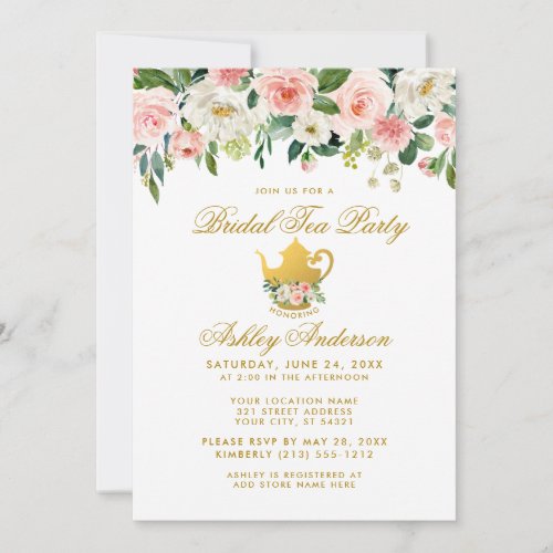 Floral Pink Gold Bridal Shower Tea Party Invite