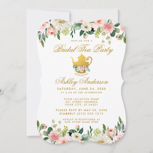 Floral Pink Gold Bridal Shower Tea Party Invite B