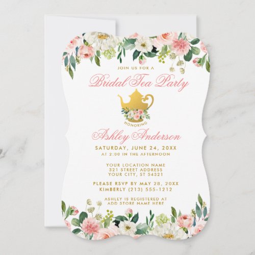 Floral Pink Gold Bridal Shower Tea Party Invite BP