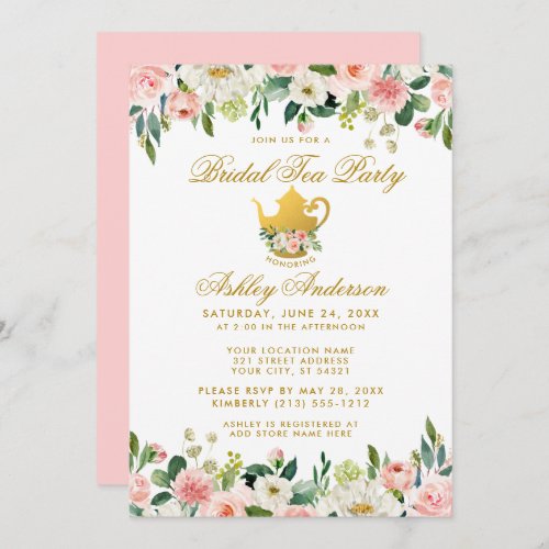 Floral Pink Gold Bridal Shower Tea Party Invite P