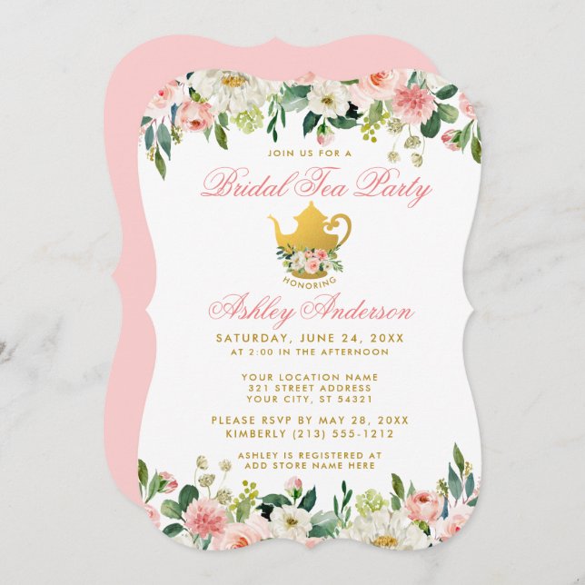 Floral Pink Gold Bridal Shower Tea Party Invite PB (Front/Back)