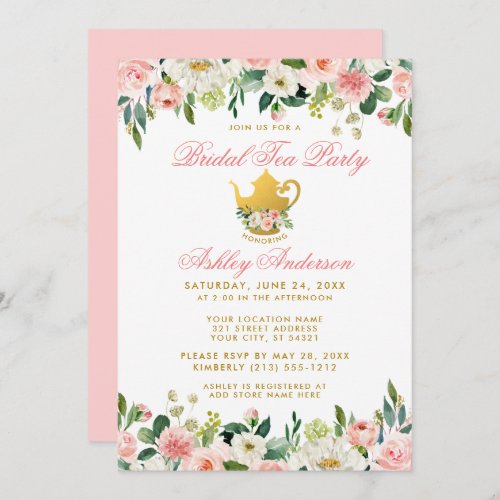 Floral Pink Gold Bridal Shower Tea Party Invite Pk