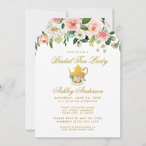 Floral Pink Gold Bridal Shower Tea Party Invite T