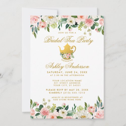 Floral Pink Gold Bridal Shower Tea Party Invite W